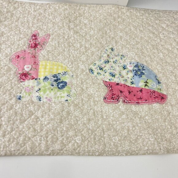 Shabby Chic Quilted Table Runner With Bunny Appliqués 14"x48" Beige With Pastel - Picture 9 of 10